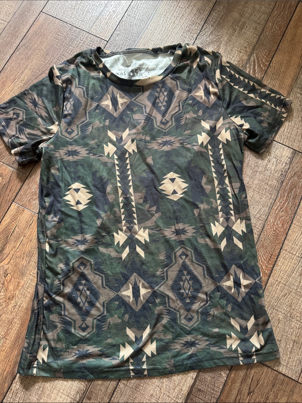 Crazy Train Green Aztec Print Short Sleeve Tee with Tan Accents